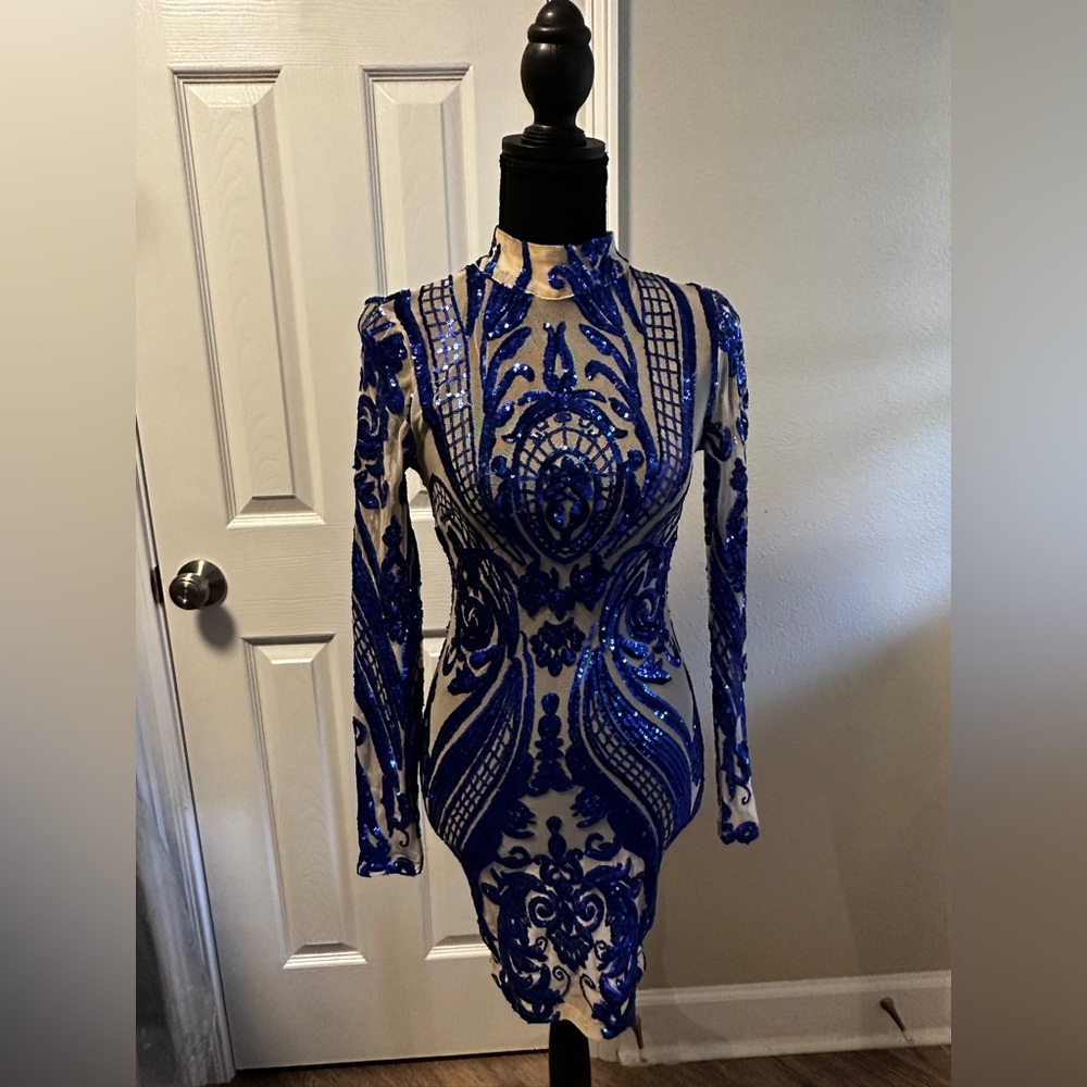 Fashion Nova Royal Blue Sequin Long Sleeve Dress